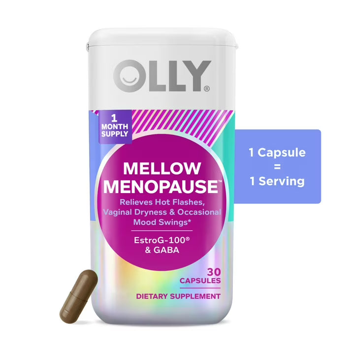 OLLY Mellow Menopause Capsules, 30 Count | Vegan Supplement with EstroG-100® & GABA | One-Capsule Daily Formula for Menopause Support