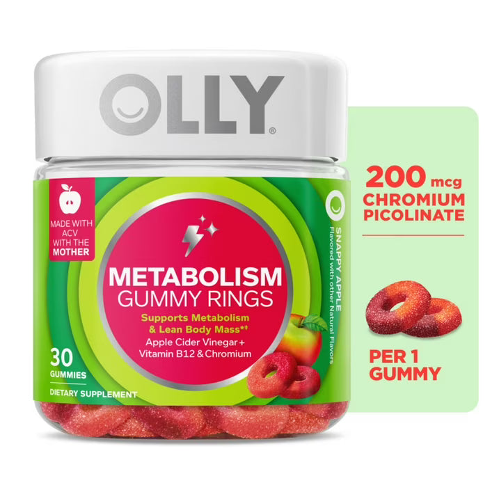 OLLY Metabolism Gummy Rings, 30 Count | Apple Cider Vinegar & Chromium Gummies for Adult Metabolism Support | Apple Flavor