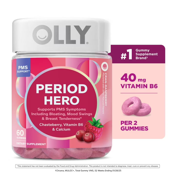 OLLY Period Hero Gummies, 60 Count | Chasteberry, Vitamin B6 & Calcium for PMS Support | Raspberry Flavor
