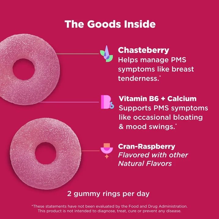 OLLY Period Hero Gummies, 60 Count | Chasteberry, Vitamin B6 & Calcium for PMS Support | Raspberry Flavor