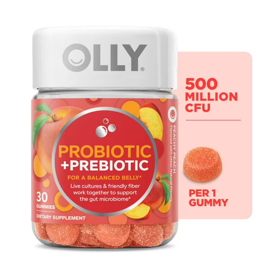 OLLY Probiotic + Prebiotic Fiber Gummies, 30 Count | Adult Digestive & Gut Health Supplement | Peach Flavor