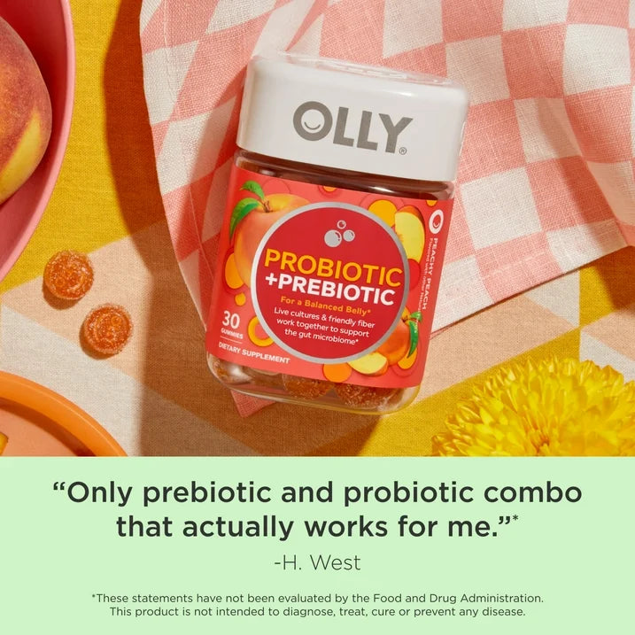 OLLY Probiotic + Prebiotic Fiber Gummies, 30 Count | Adult Digestive & Gut Health Supplement | Peach Flavor