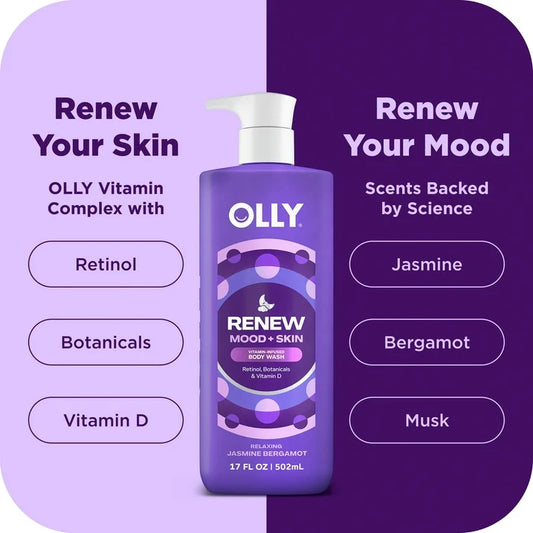 OLLY Renew Body Wash, 3 oz | Repairs Skin Barrier & Soothes Stress | Jasmine Bergamot Scent