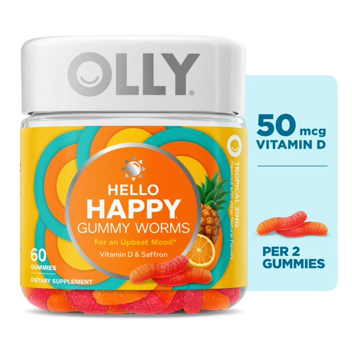 OLLY Hello Happy Gummy Worms, 60 Count | Saffron Extract & Vitamin D Supplement | Tropical Zing Flavor