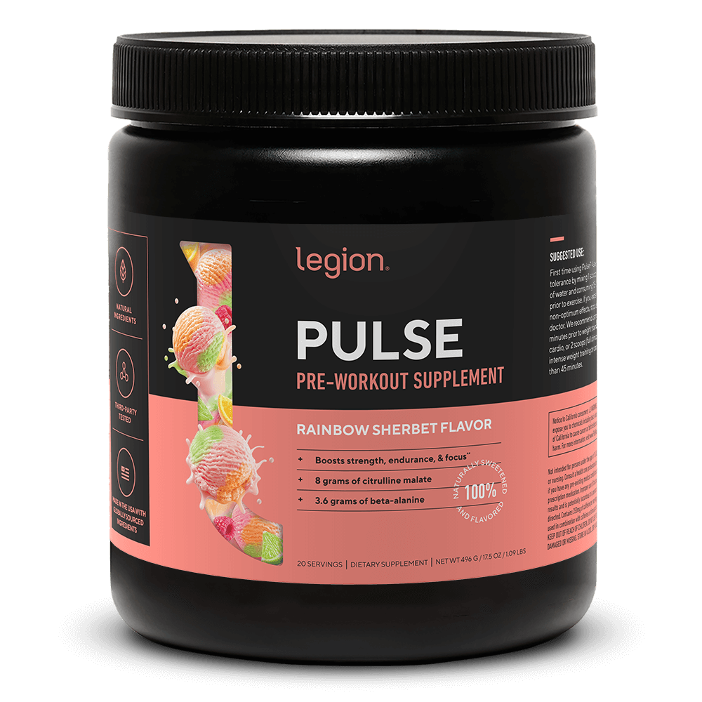 LEGION PULSE Pre Workout Drink – Rainbow Sherbet Flavor | Caffeine Free, Stim Free Formula for Clean Energy, Focus & Endurance