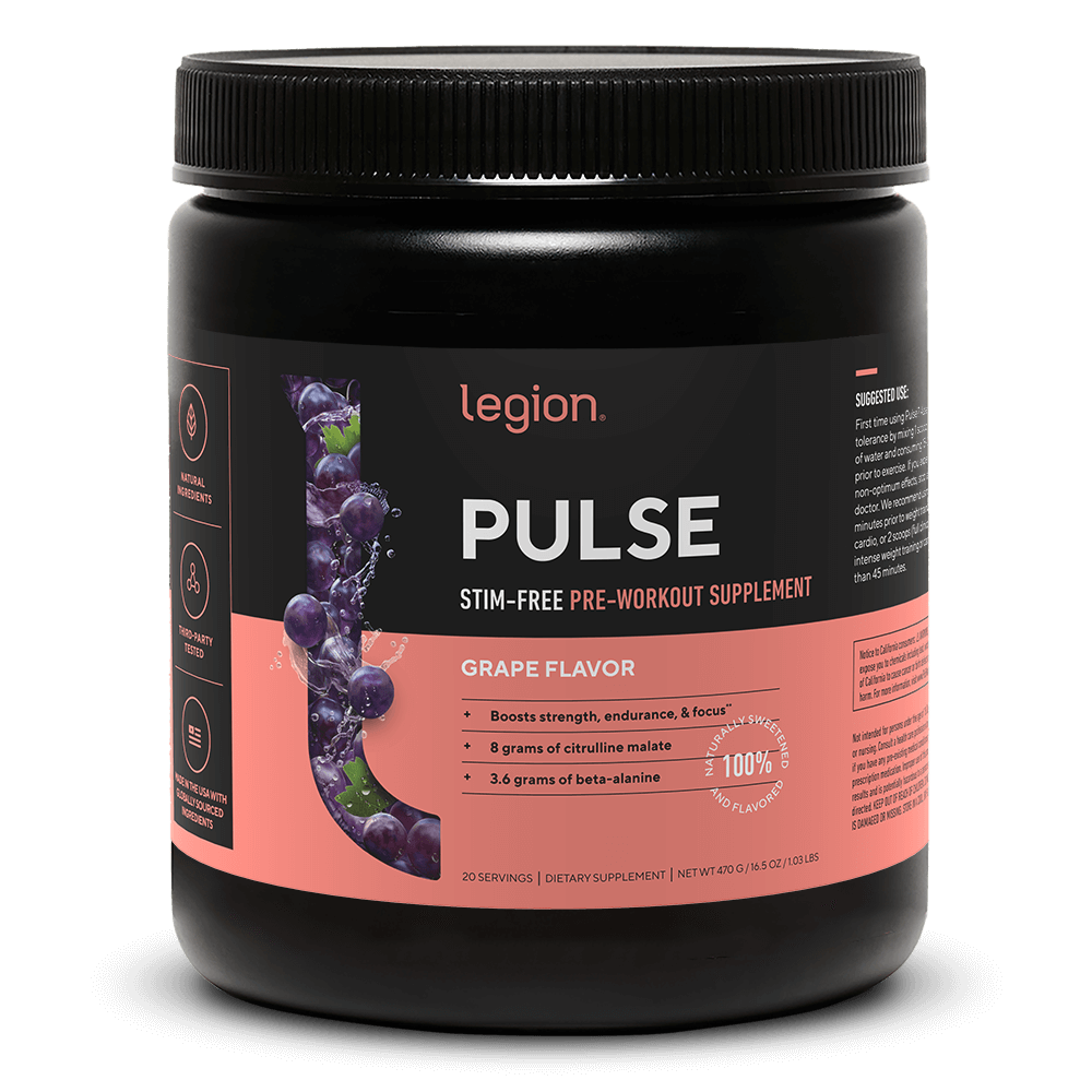 LEGION PULSE Stim Free Pre Workout Drink – Grape Flavor | Caffeine Free Pre Workout Supplement for Clean Energy, Endurance & Focus