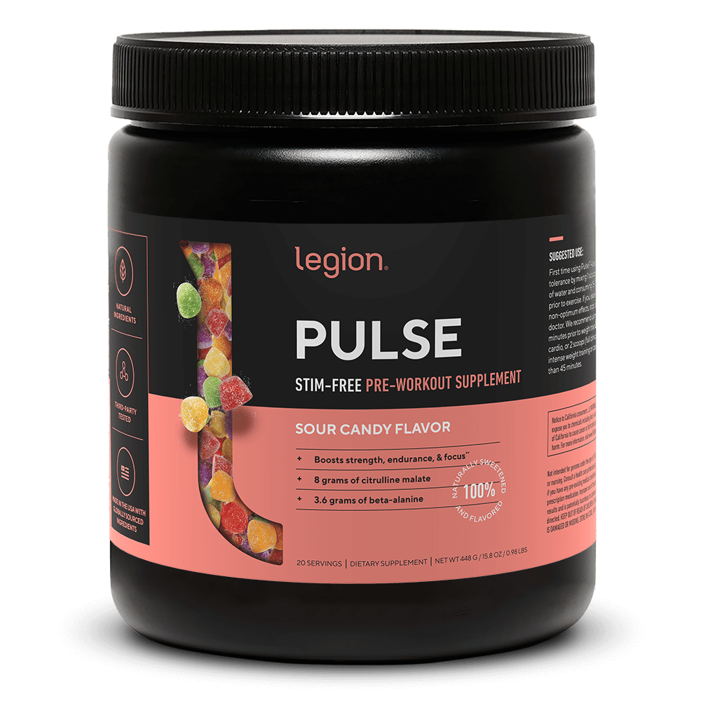 LEGION PULSE Stim Free Pre Workout Drink – Sour Candy Flavor | Caffeine Free Pre Workout Supplement for Energy, Focus & Endurance