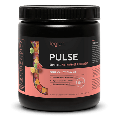 LEGION PULSE Stim Free Pre Workout Drink – Sour Candy Flavor | Caffeine Free Pre Workout Supplement for Energy, Focus & Endurance