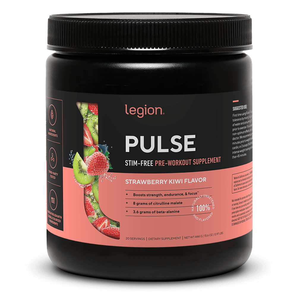 LEGION PULSE Stim Free Pre Workout Drink – Strawberry Kiwi Flavor | Caffeine Free Pre Workout Supplement for Natural Energy, Focus & Endurance