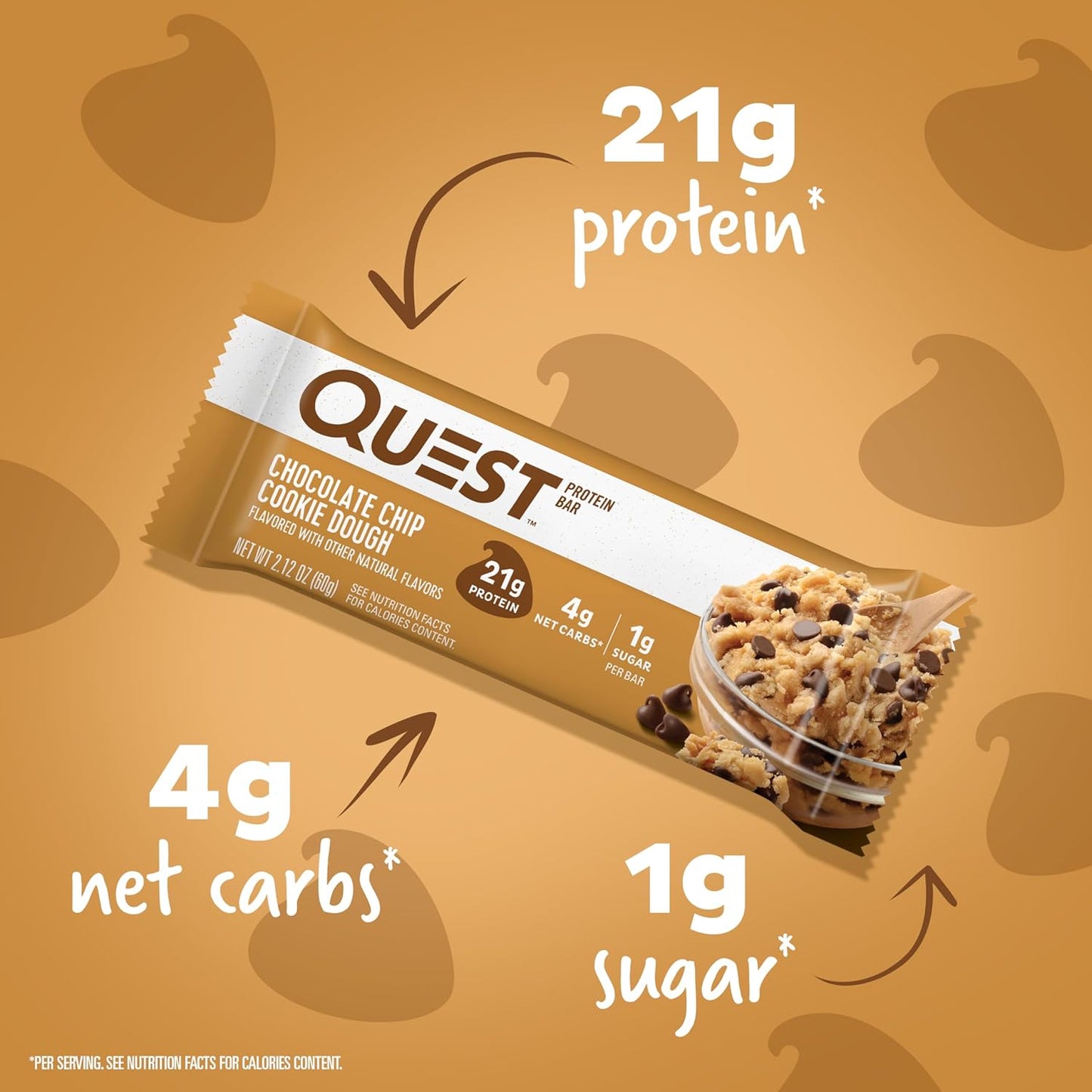 Quest Nutrition Chocolate Chip Cookie Dough Protein Bars, High Protein, Low Sugar, Keto Friendly, Gluten Free, 12 Ct
