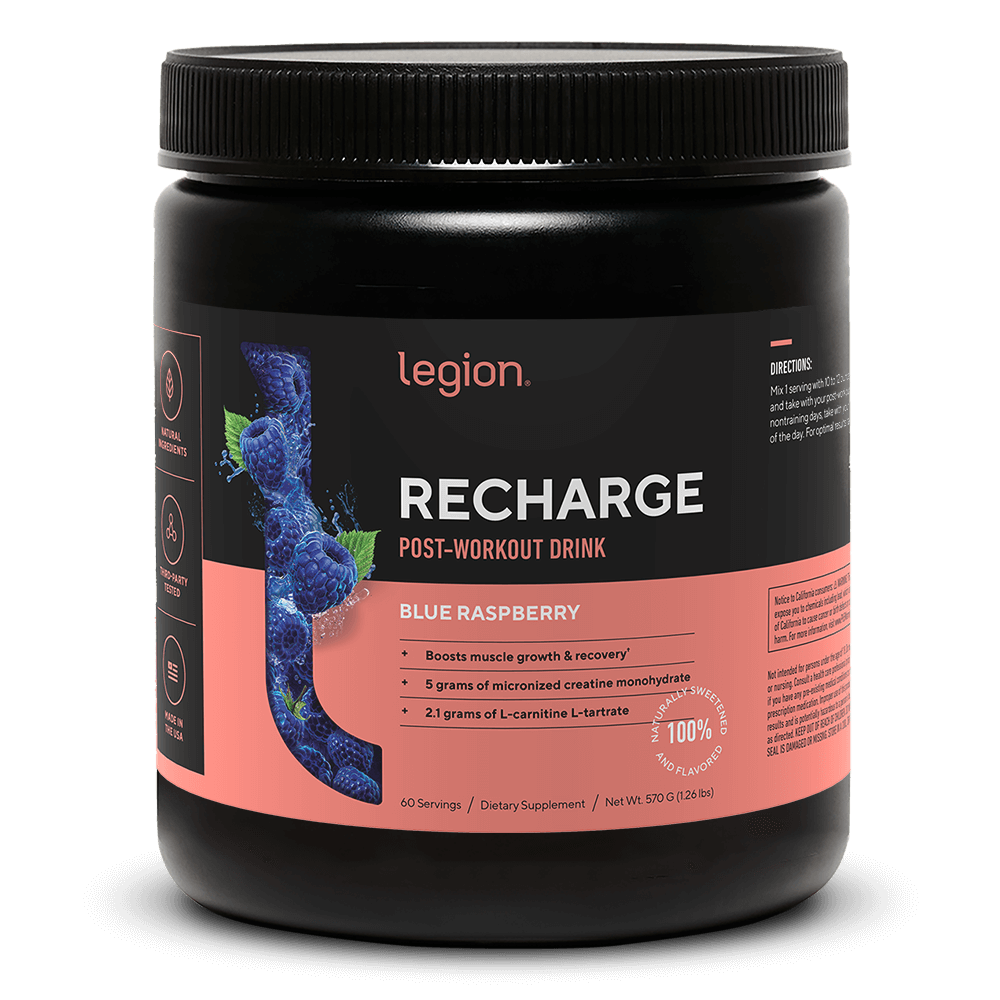 LEGION RECHARGE Post-Workout Supplement – Blue Raspberry Flavor | 60 Servings | Includes Creatine for Muscle Recovery & Strength