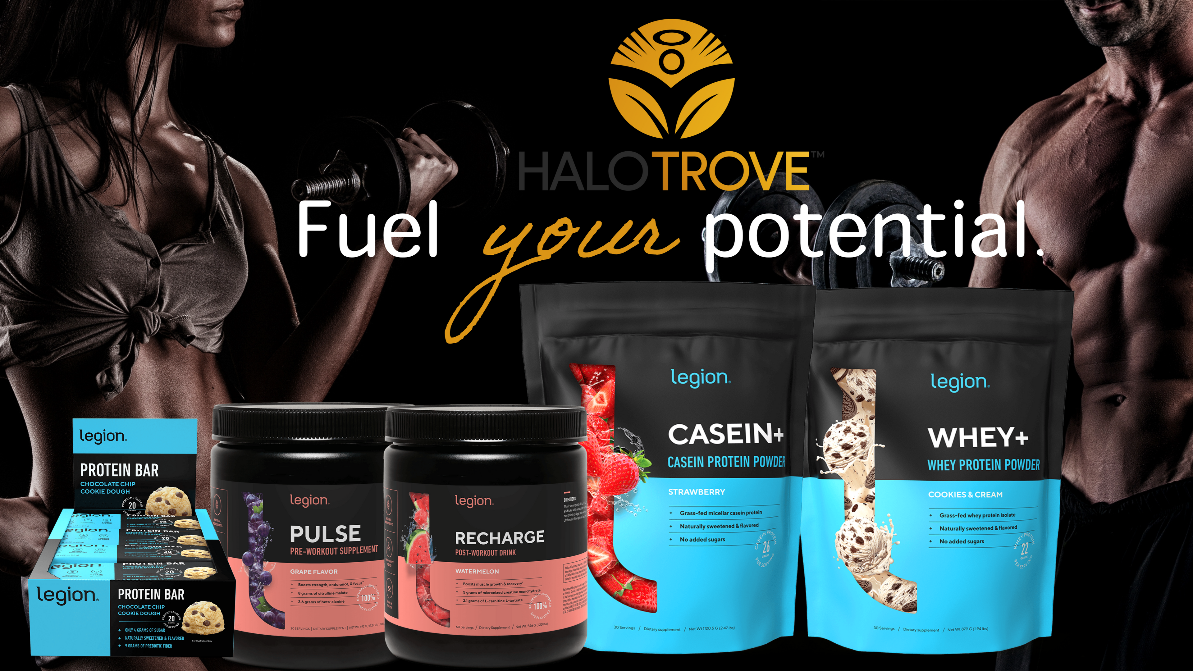 Promotional image of protein products with 'HaloTrove' branding and muscular individuals.