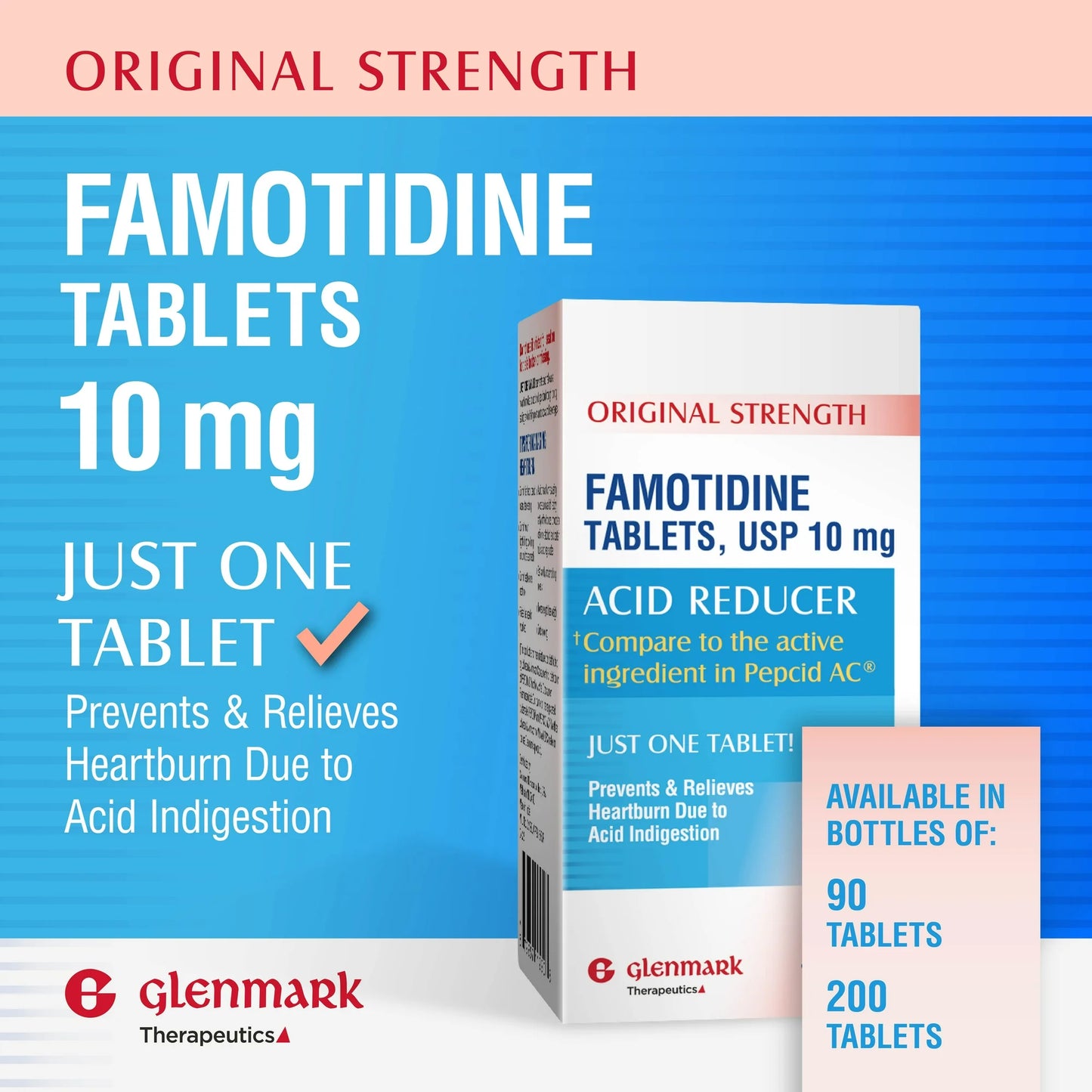 Glenmark Famotidine 10mg – Original Strength Acid Reducer & Heartburn Relief (90ct)